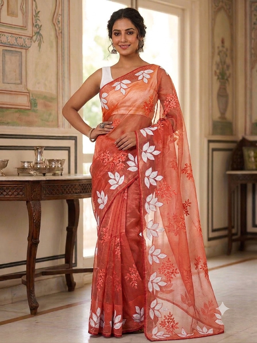 Peach Orange- Floral Embroidered Net Saree