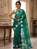 Emerald Green Floral Embroidered Net Saree