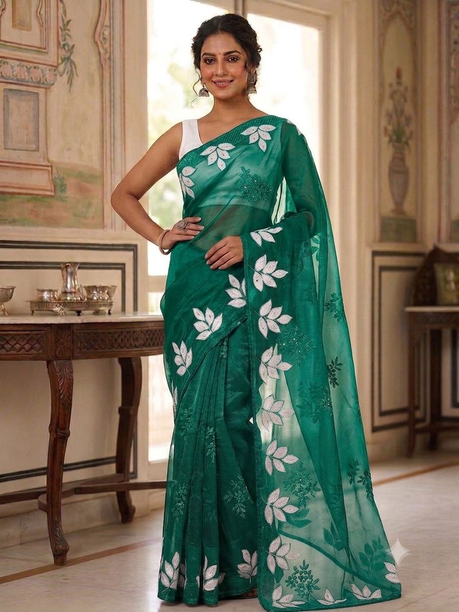 Emerald Green Floral Embroidered Net Saree