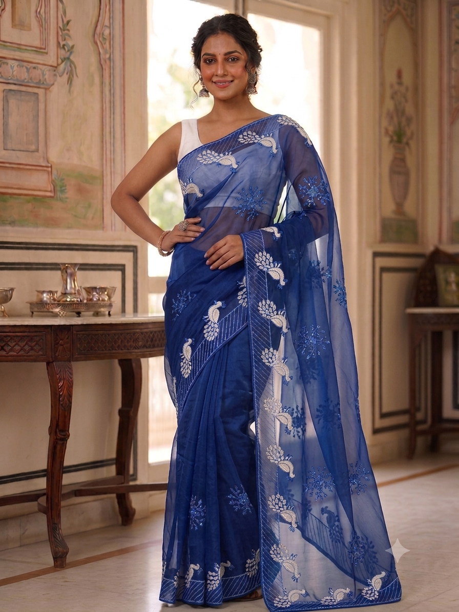 Royal Blue Peacock Embroidered Net Saree
