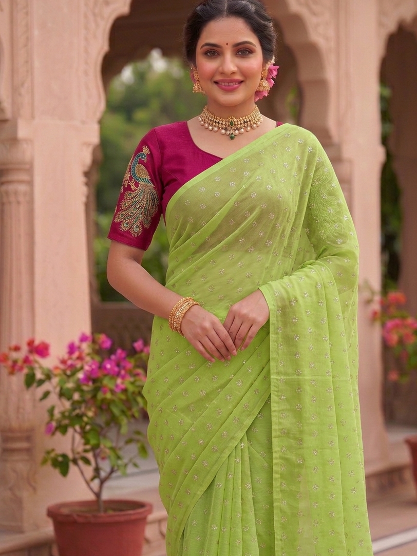 Mint Elegance Chiffon Saree with Ruby Red Designer Blouse