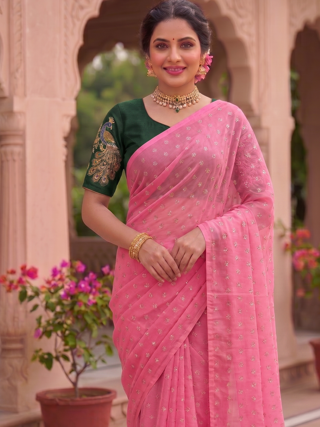premium pink chiffon saree with contrast Blouse
