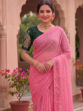 premium pink chiffon saree with contrast Blouse