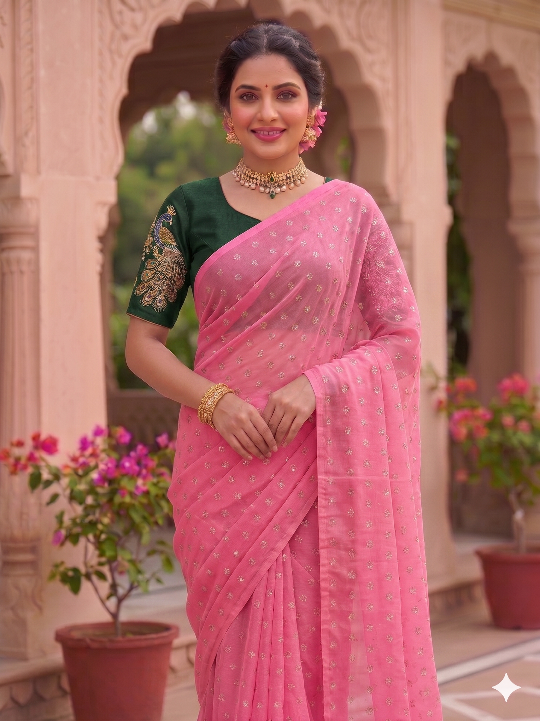 premium pink chiffon saree with contrast Blouse