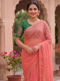 Blush Bloom Chiffon Saree with Peacock Embroidered Teal Blouse