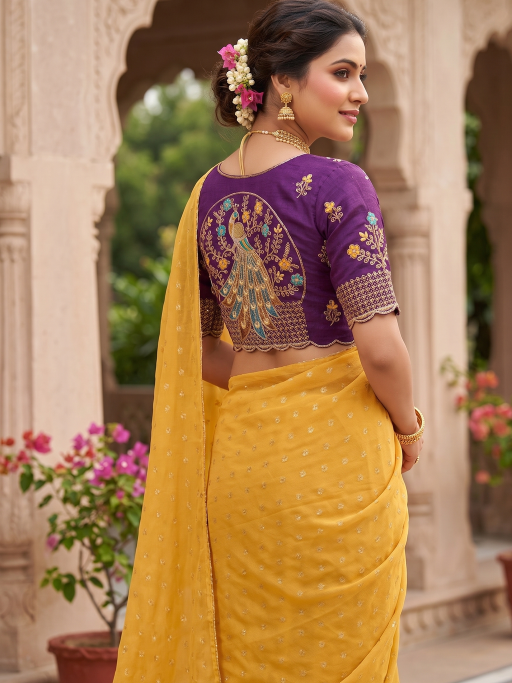 Sunshine Grace Chiffon Saree with Royal Purple Peacock Blouse