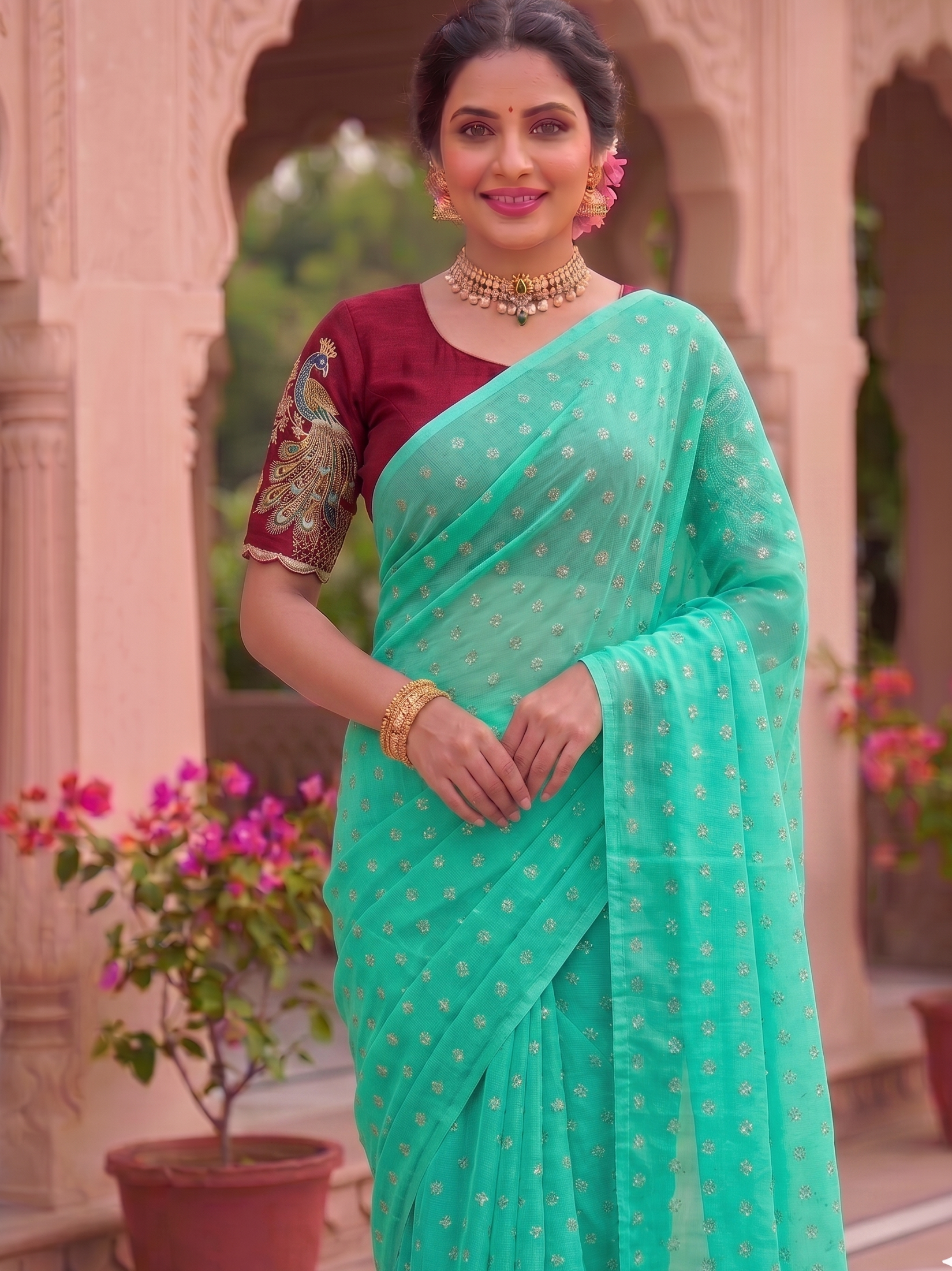 Aqua Charm Chiffon Saree with Wine Red Peacock Blouse