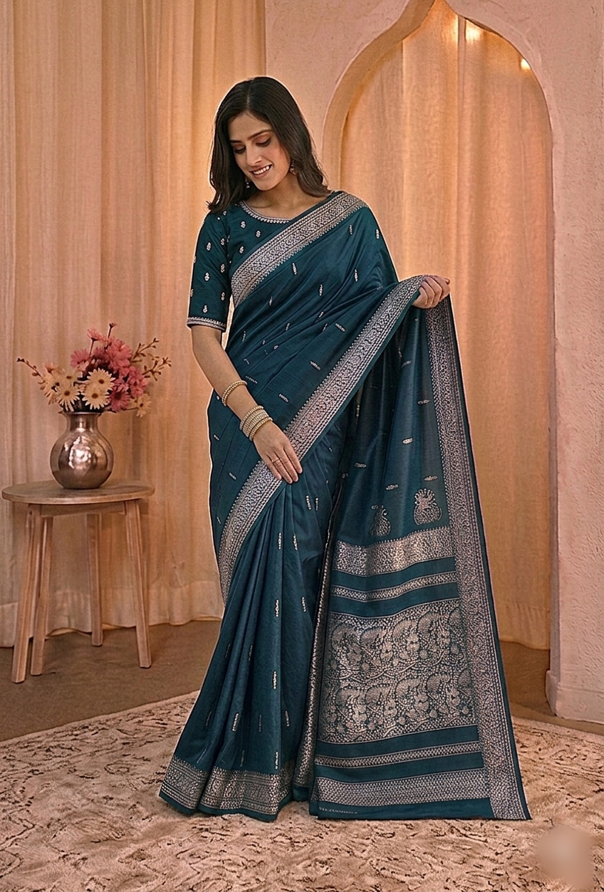 Royal Teal Peshwai Silk Saree