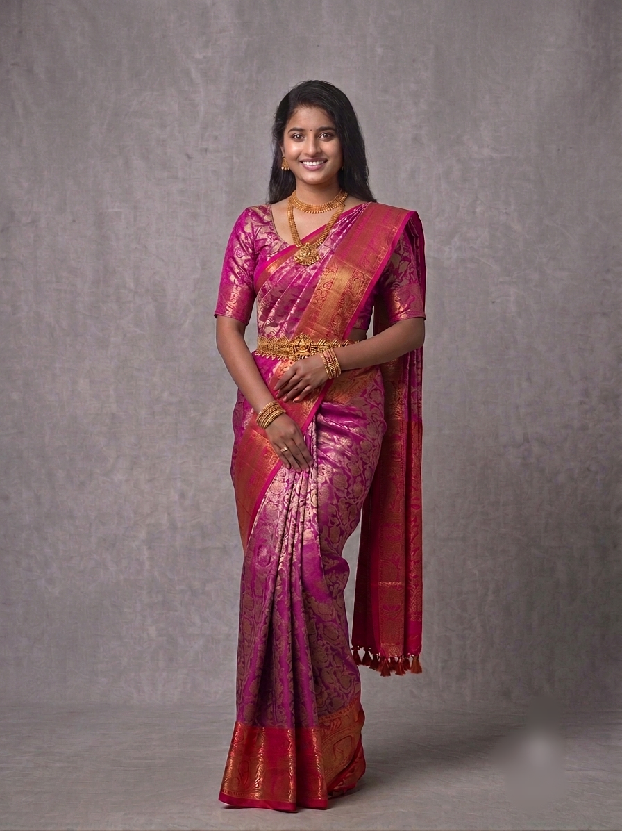 Rani Pink Kanjivaram Silk Saree with Orange Zari Border