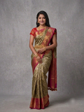 Olive Green Kanjivaram Silk Saree with Pink Zari Border