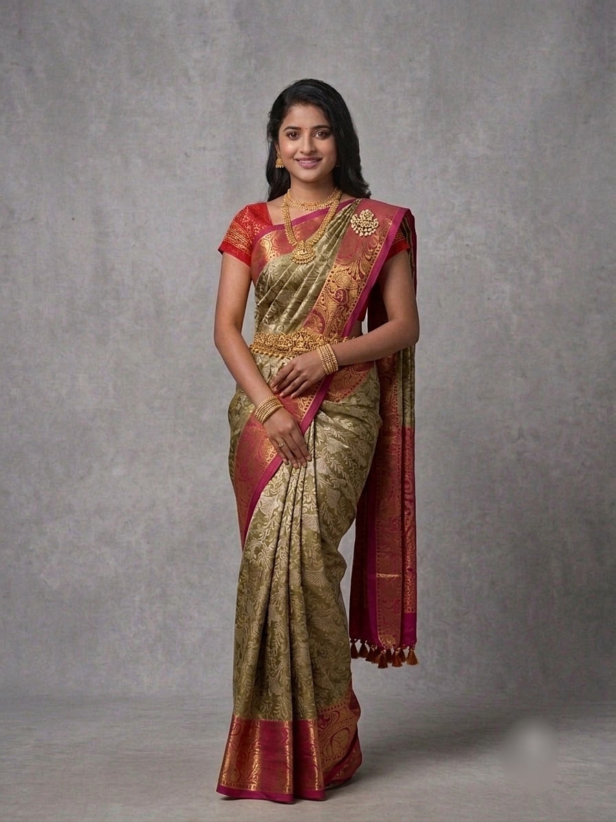 Olive Green Kanjivaram Silk Saree with Pink Zari Border