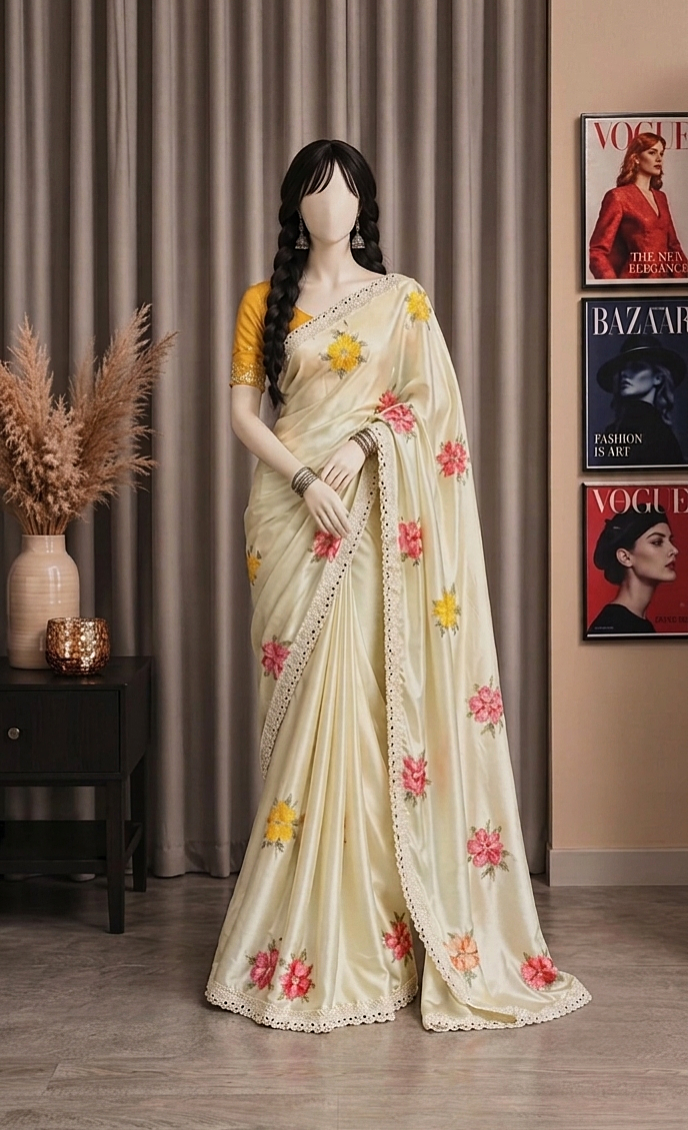 Pastel Cream Floral Embroidered Satin Silk Saree