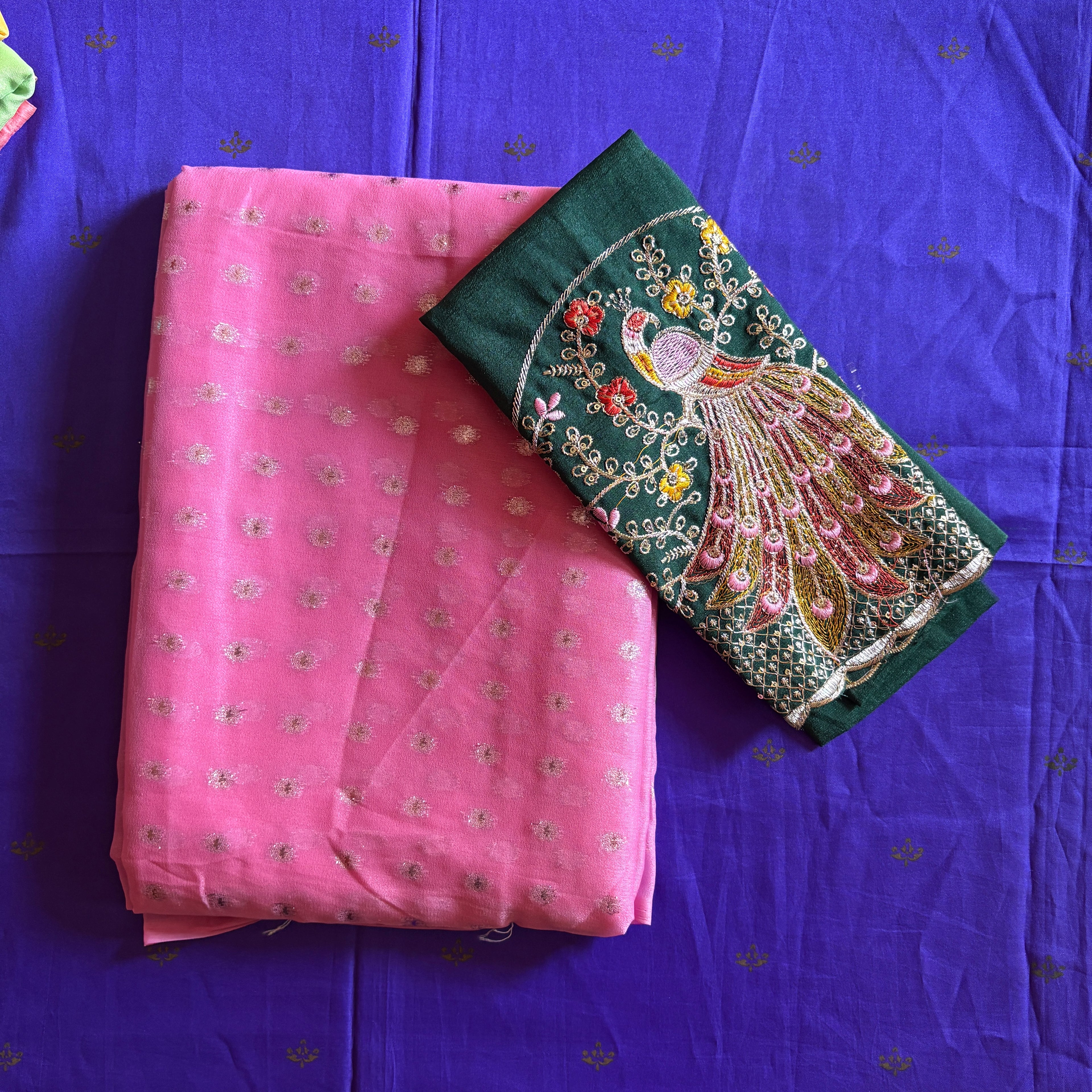 premium pink chiffon saree with contrast Blouse
