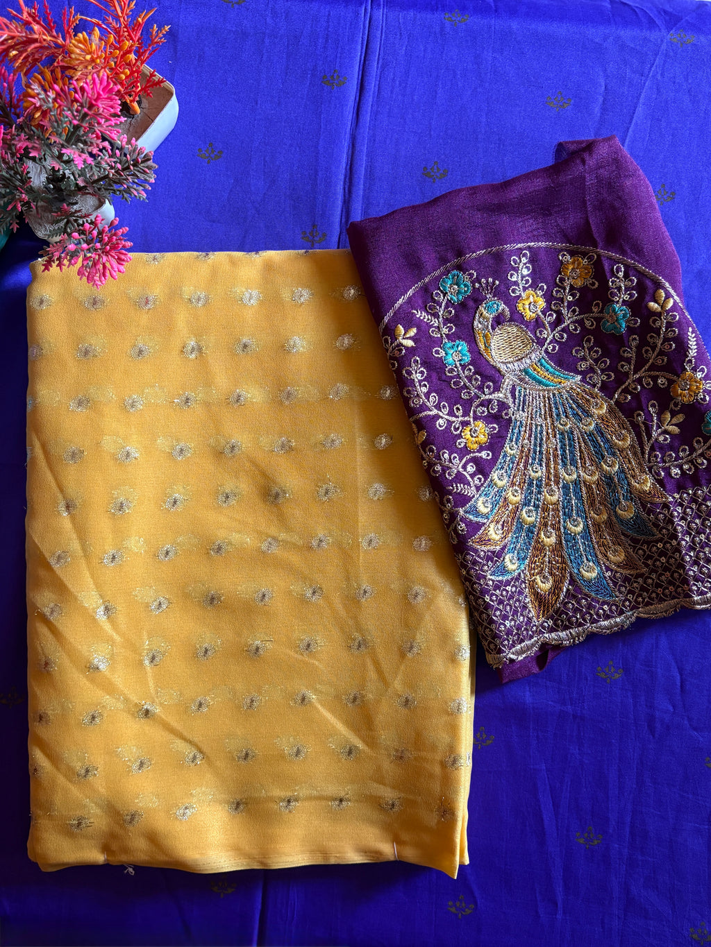 Sunshine Grace Chiffon Saree with Royal Purple Peacock Blouse