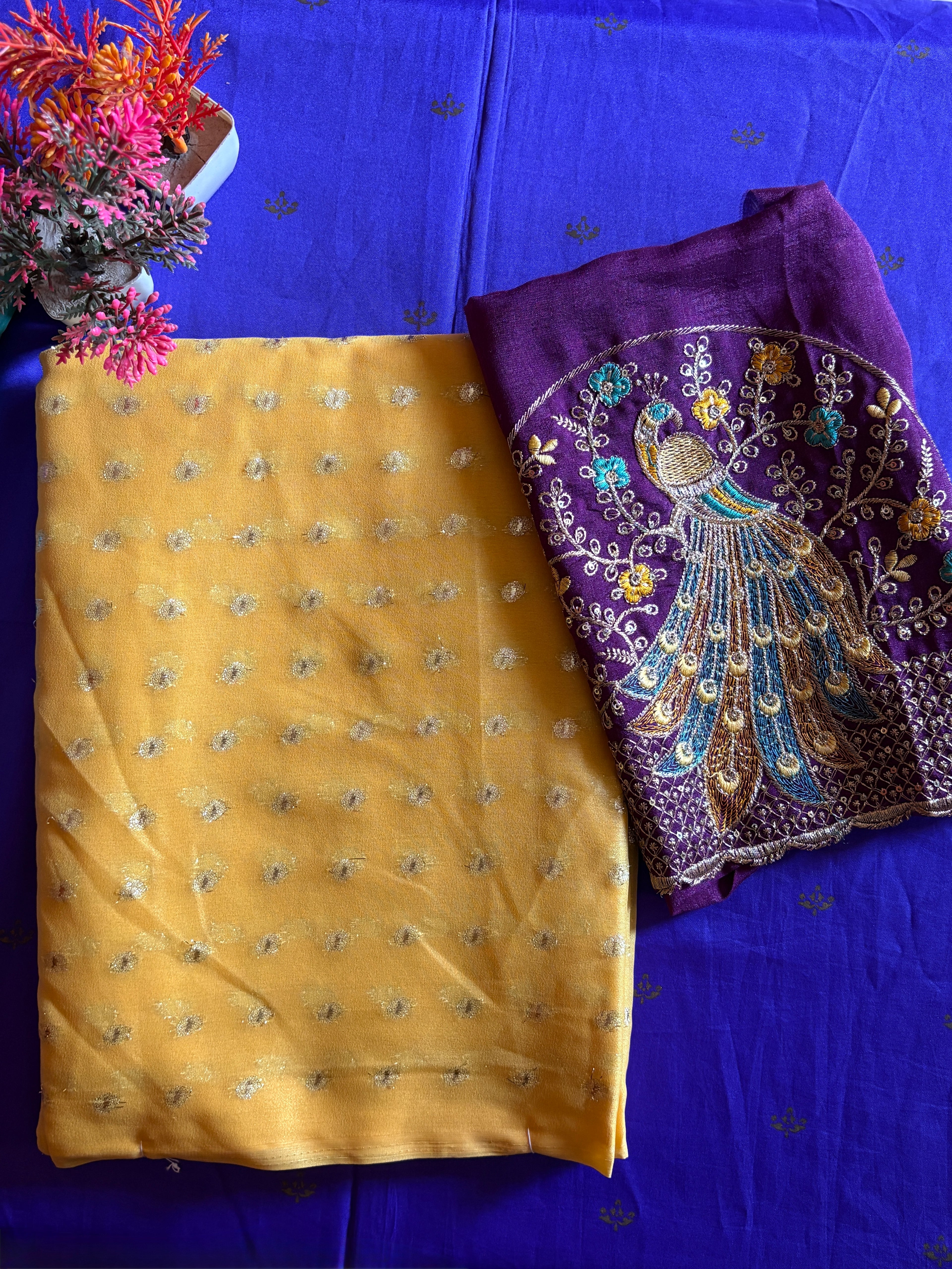 Sunshine Grace Chiffon Saree with Royal Purple Peacock Blouse