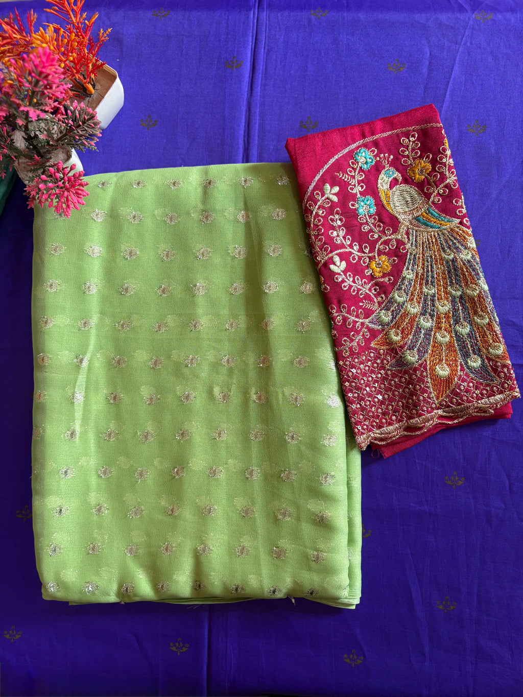 Mint Elegance Chiffon Saree with Ruby Red Designer Blouse