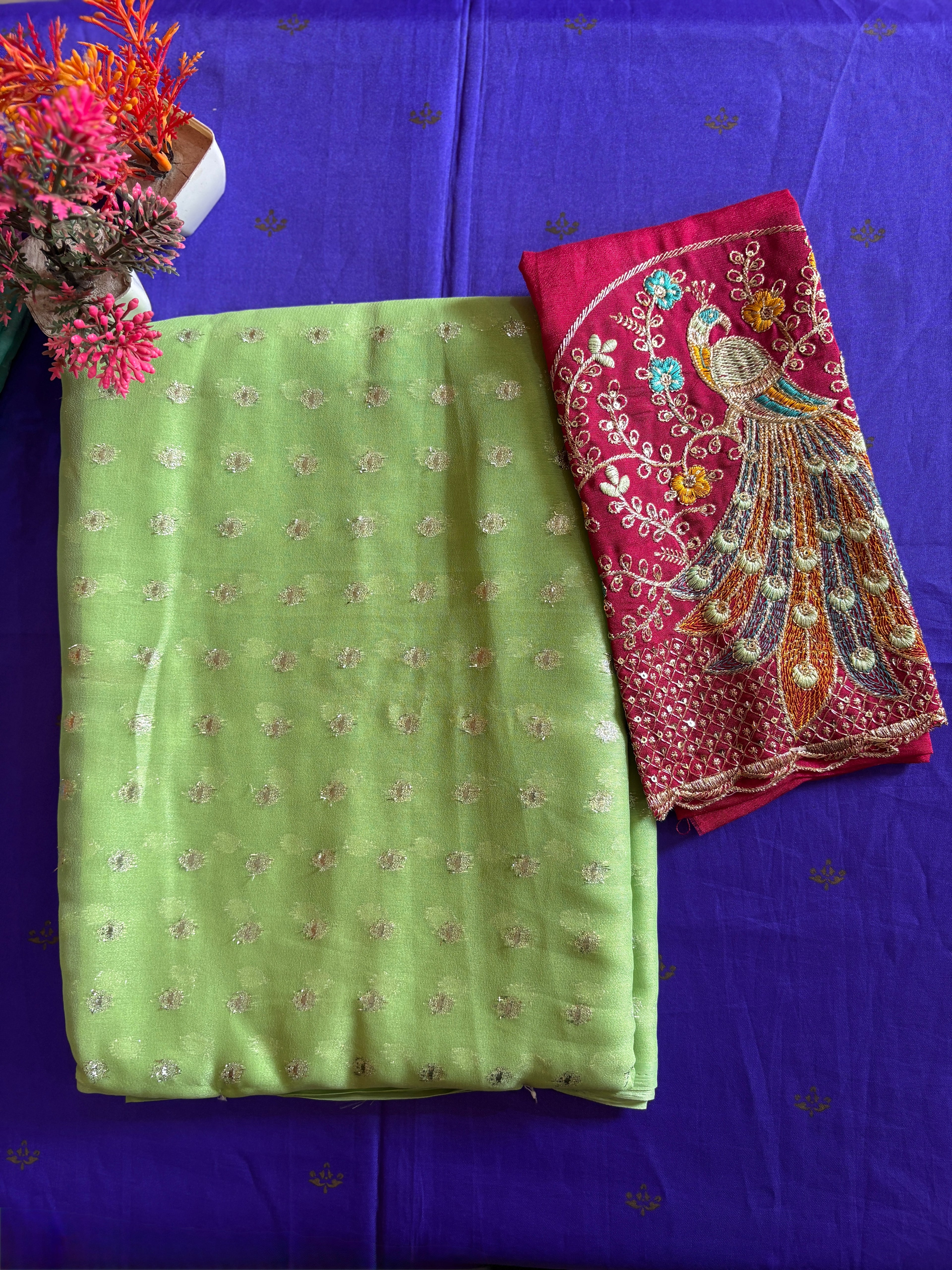 Mint Elegance Chiffon Saree with Ruby Red Designer Blouse