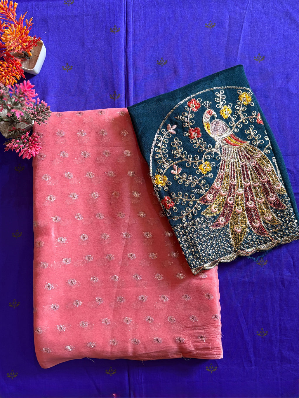 Blush Bloom Chiffon Saree with Peacock Embroidered Teal Blouse
