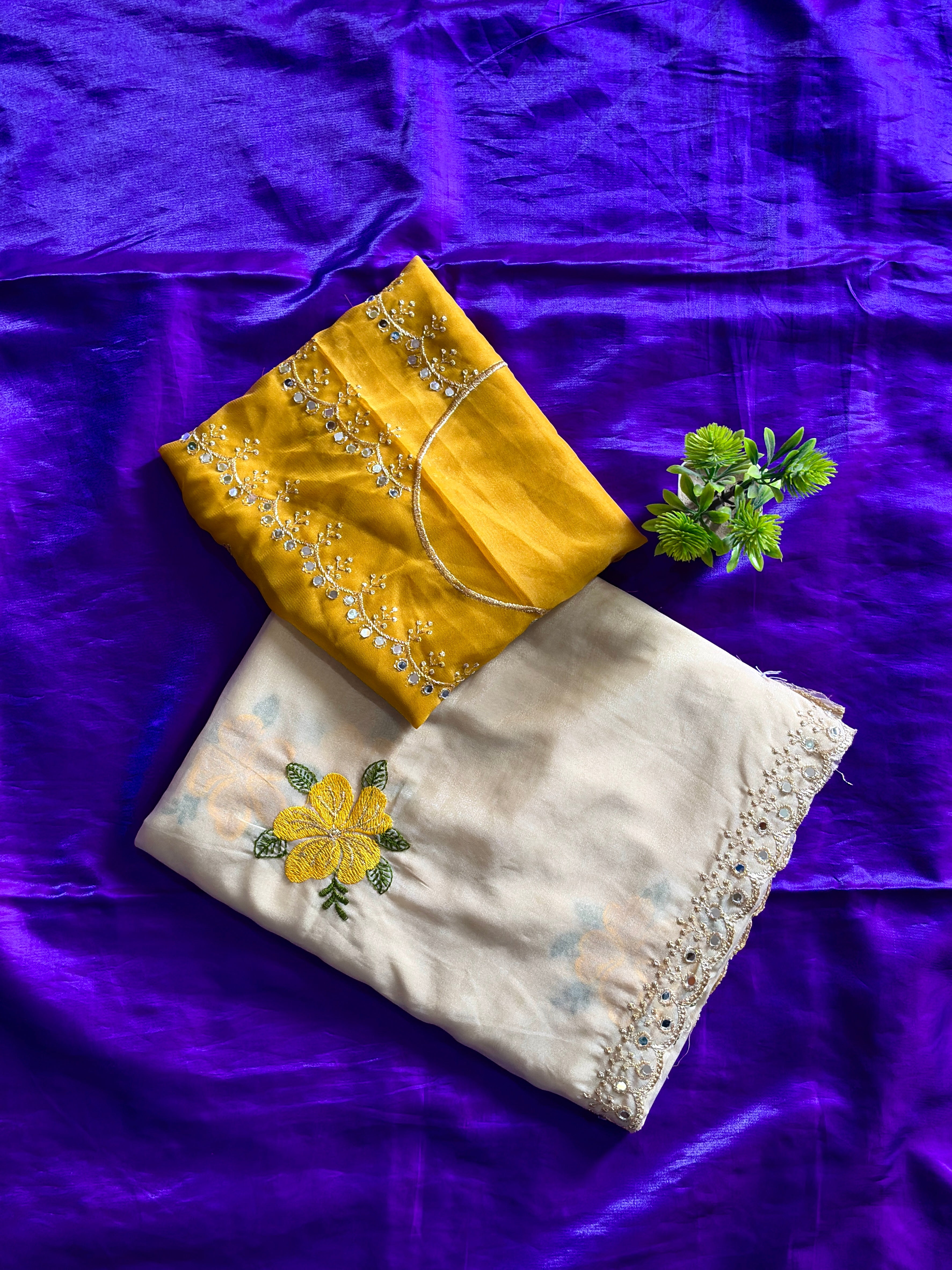 Pastel Cream Floral Embroidered Satin Silk Saree