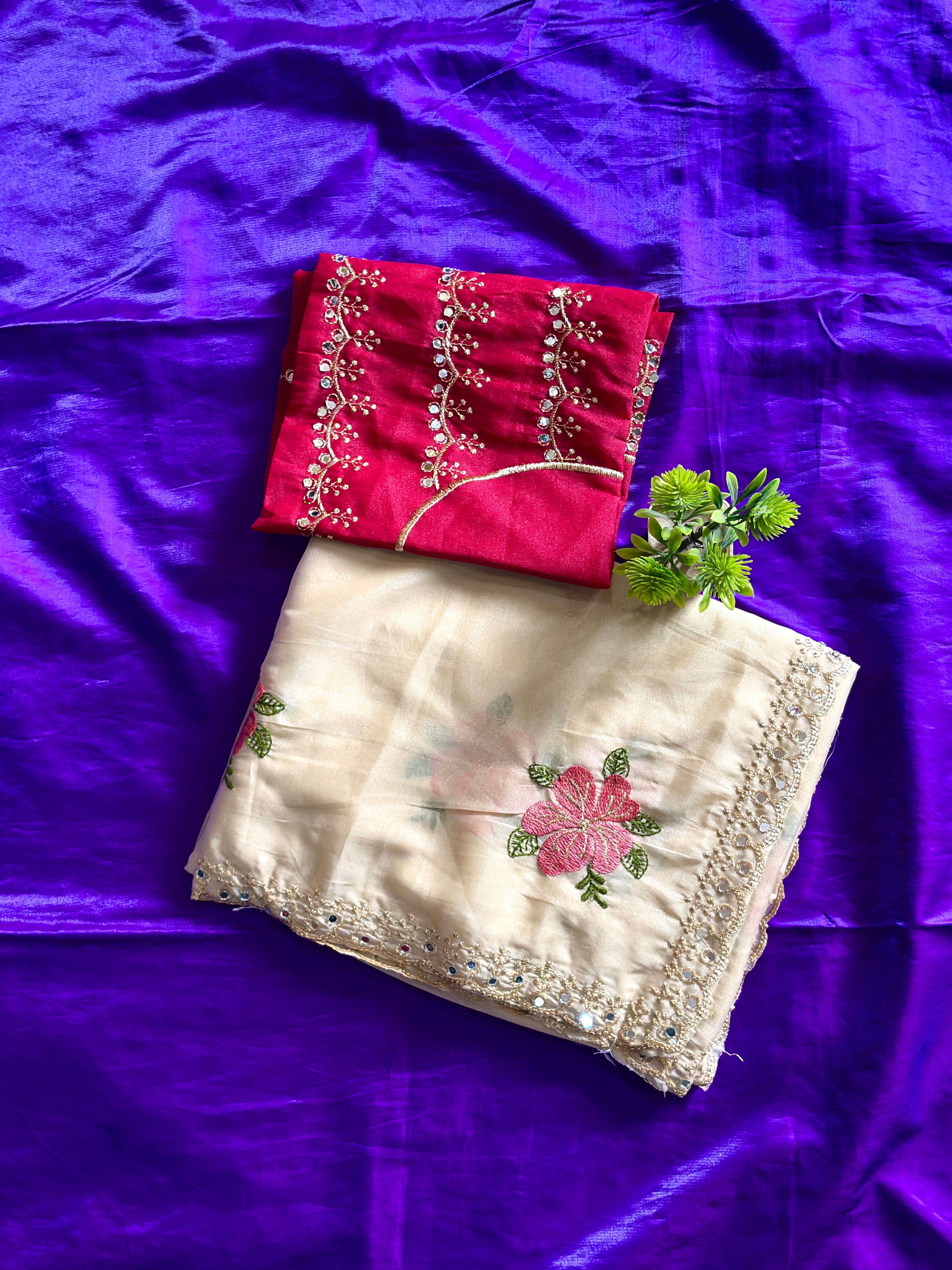Pastel Cream Floral Embroidered Satin Silk Saree