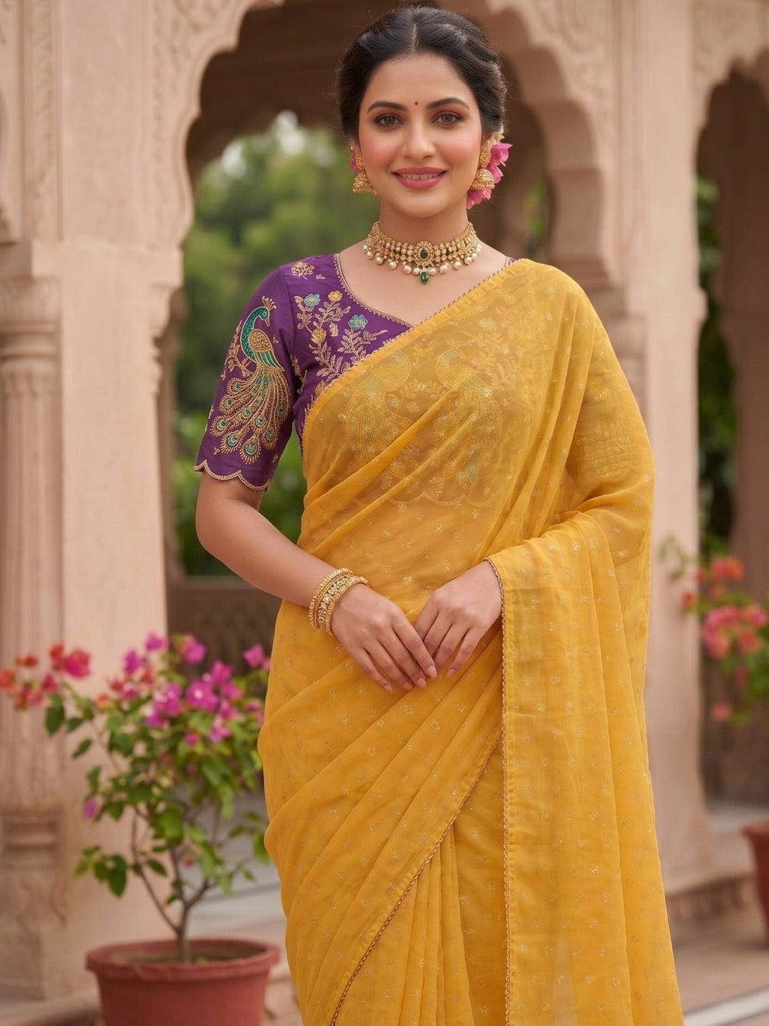Sunshine Grace Chiffon Saree with Royal Purple Peacock Blouse